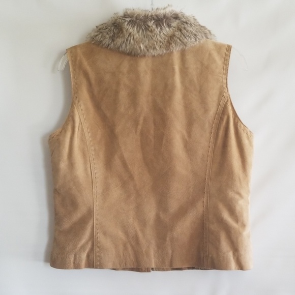 Tan Suede Leather quilted Vest faux fur collar - Picture 5 of 8